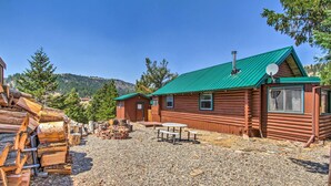 A rustic log cabin with a green roof, a fireplace, and a picnic table in a gravel yard.