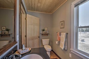 Une salle de bain avec un plafond en bois, des toilettes blanches, un lavabo avec un plan de toilette en marbre et une fenêtre donnant sur un paysage enneigé.
