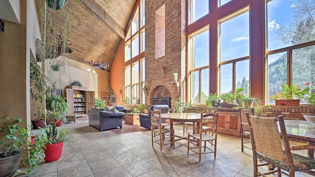 A spacious indoor area with a fireplace, large windows, and various potted plants.