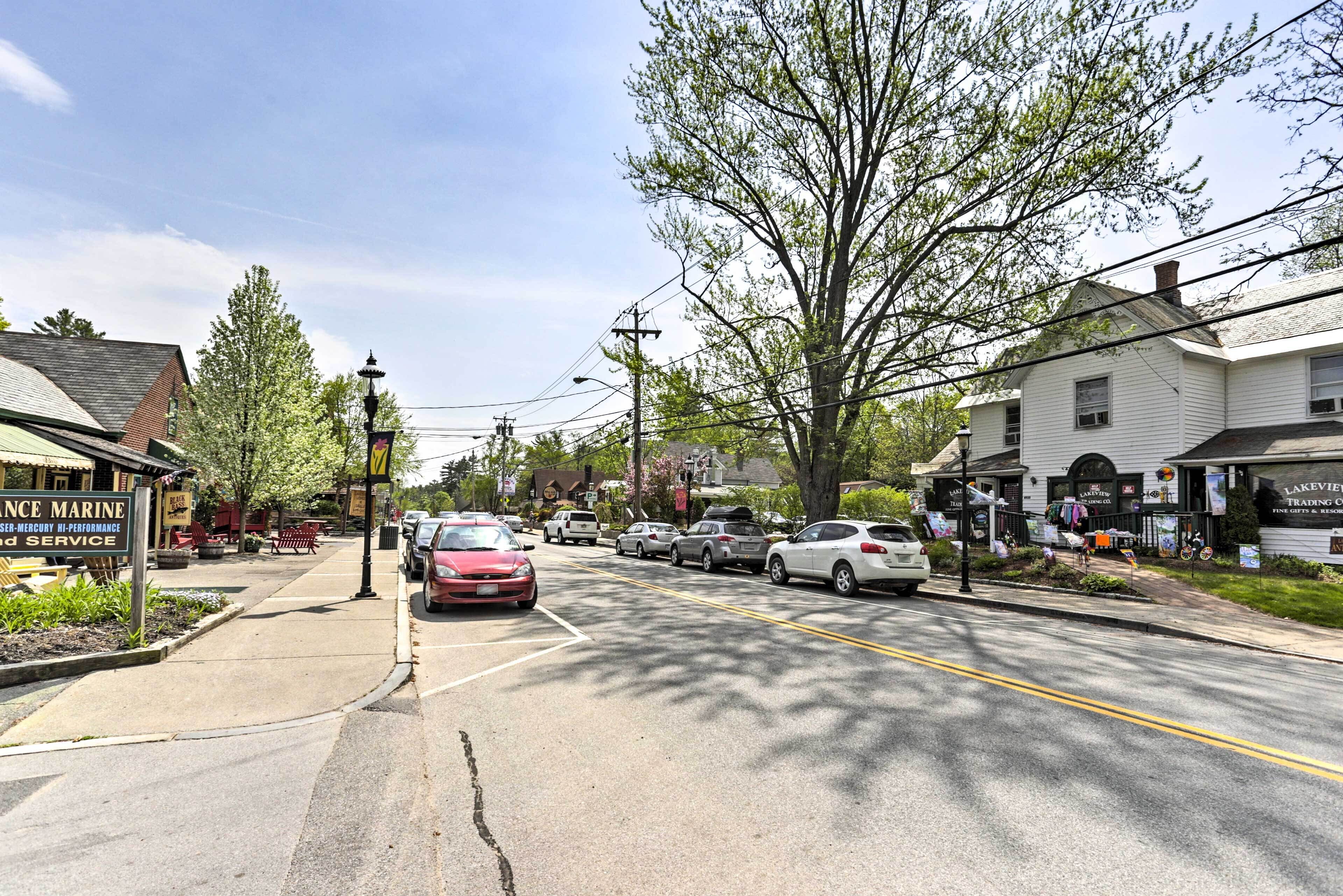 A street view with parked cars, a sign for 'Lakeview Trading Co.', and a building with a sign for 'Performance Marine'.
