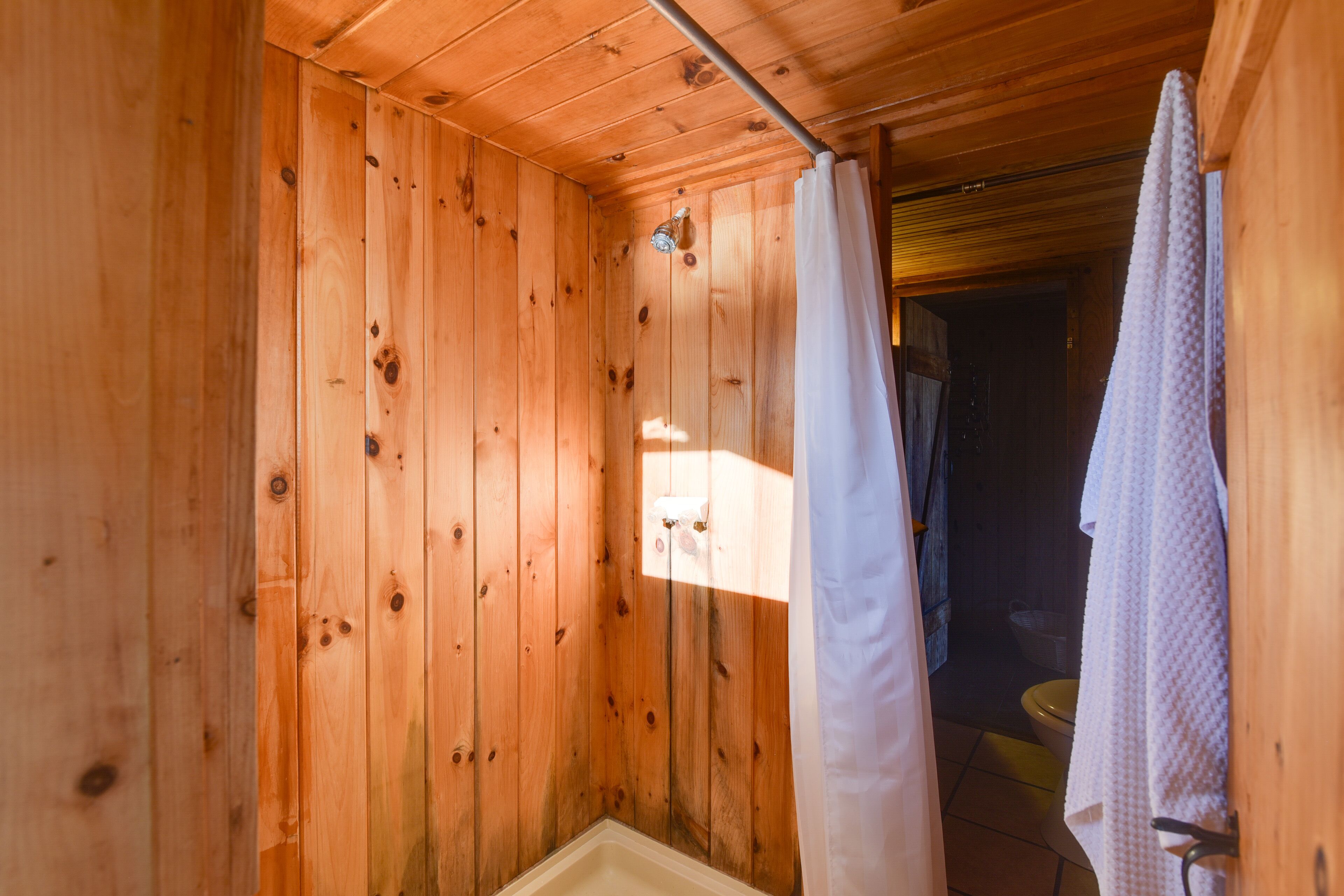 A wooden cabin bathroom with a shower curtain, a toilet, and a towel hanging on the wall.