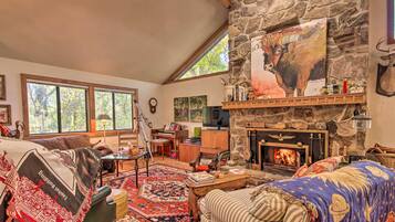 TV, fireplace, DVD player, books