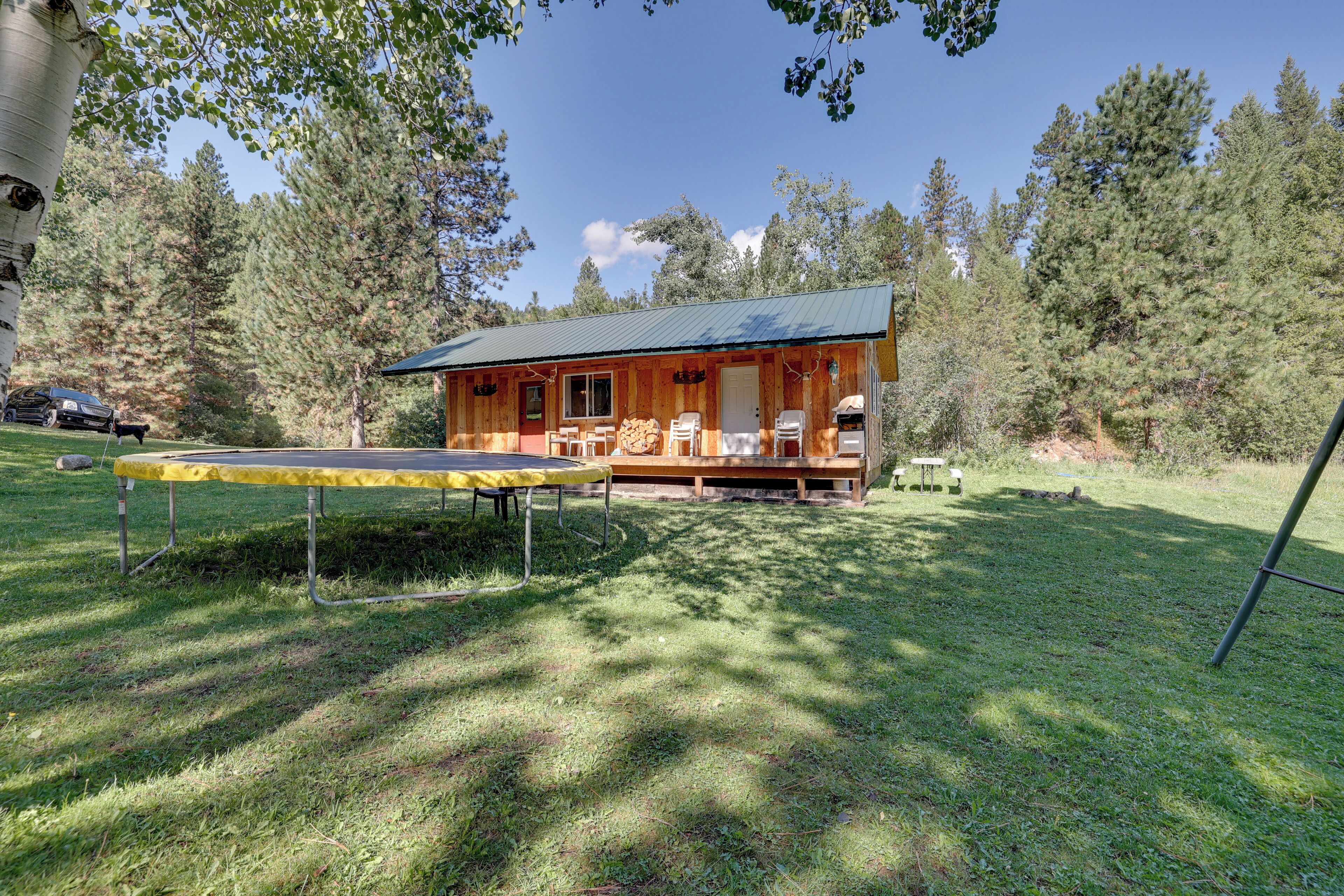 A cabin with a porch, a trampoline, and a picnic table in a wooded area.
