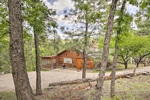 Une cabane rustique en rondins de bois, avec une porte et des fenêtres en bois, entourée d’arbres et bordée d’une allée en gravier.