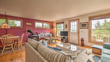 TV, fireplace, books