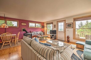 TV, fireplace, books