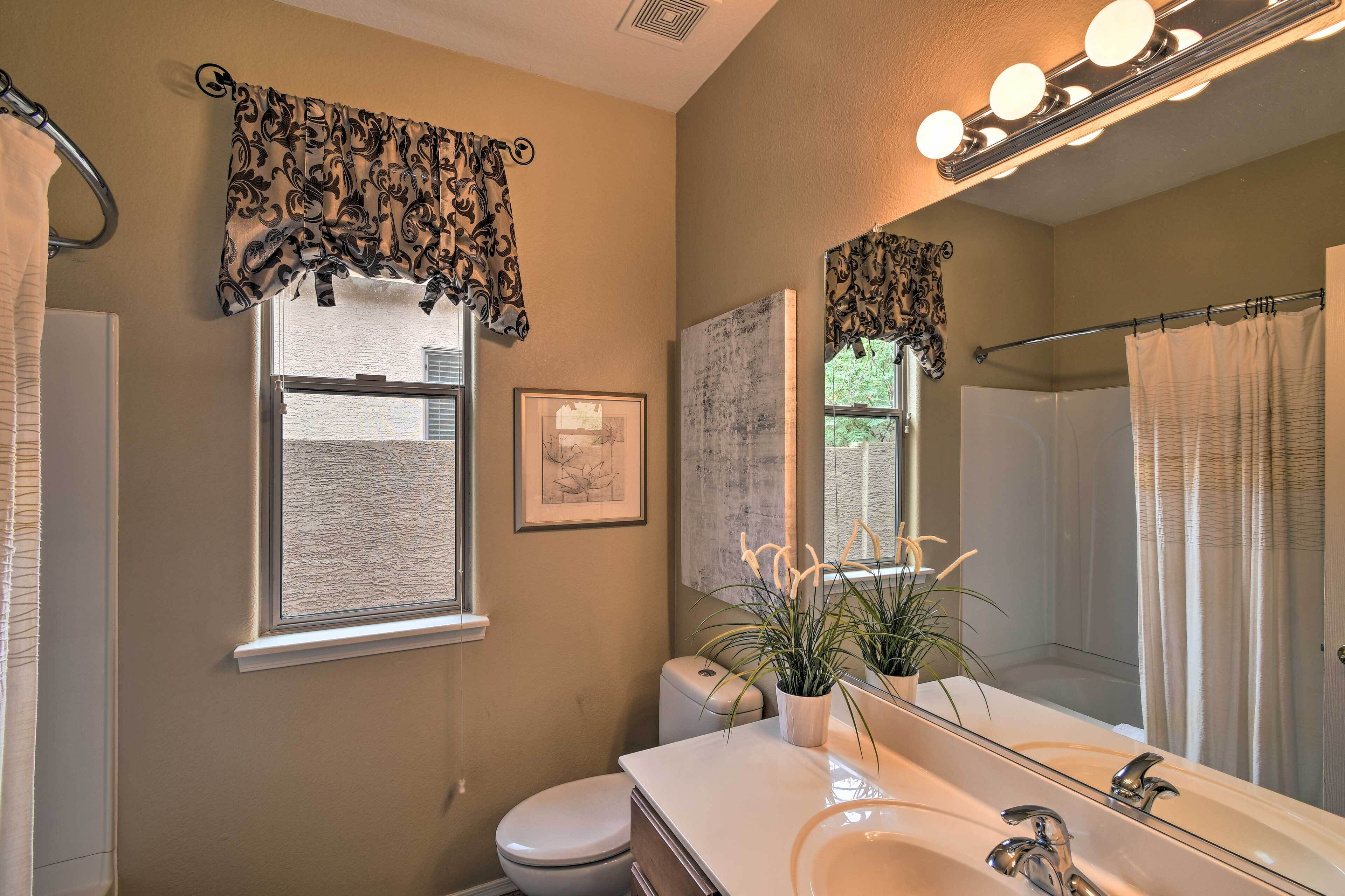 A bathroom with a toilet, sink, and mirror. There are curtains on the windows and a plant on the sink.