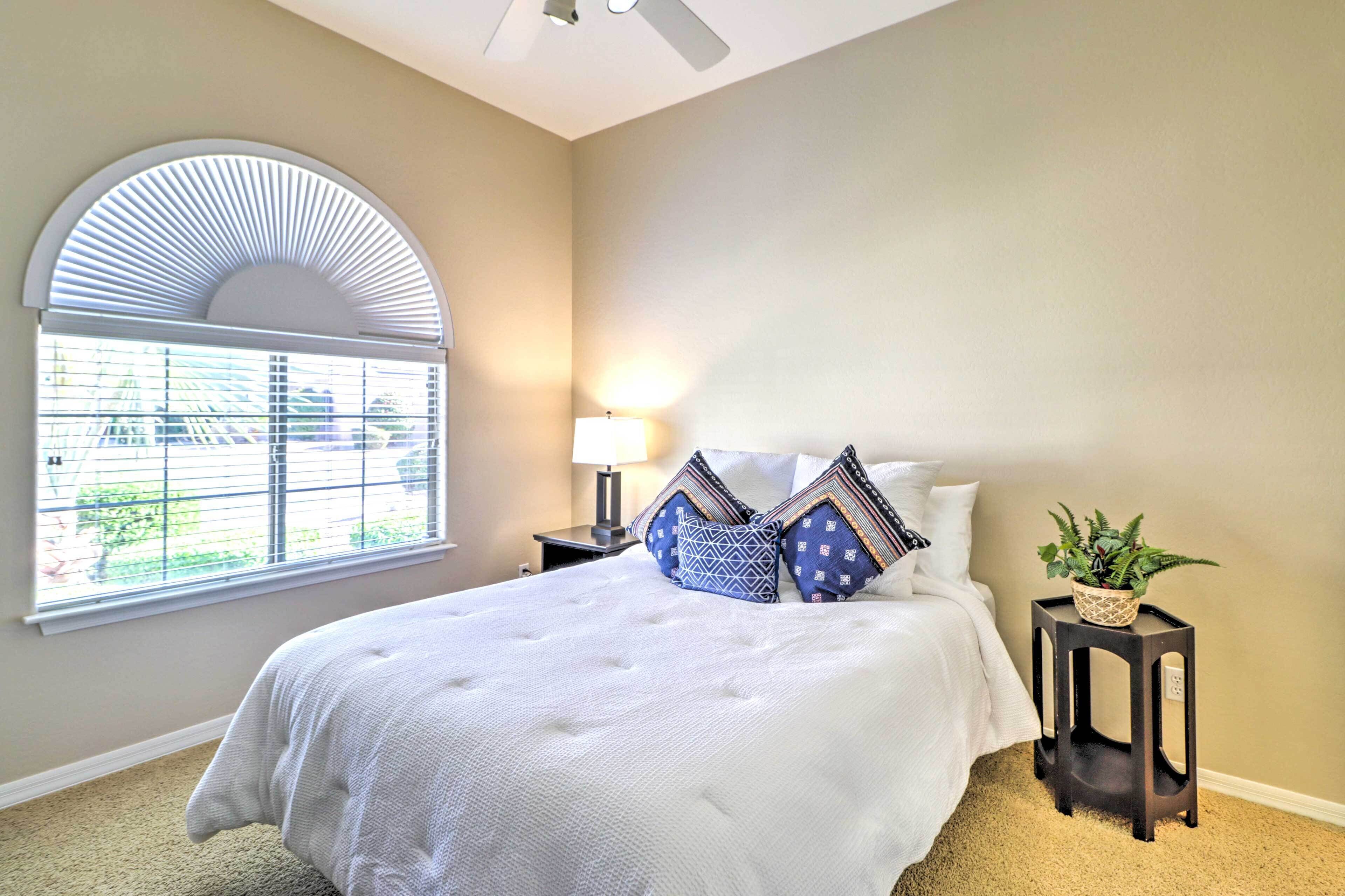A bedroom with a large bed, a window with blinds, a bedside table with a lamp, and a small plant on a side table.
