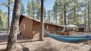 A wooden cabin with a deck and a hammock. - Deck + Fireplace: Cozy Pinetop Lakes Cabin! (Pinetop)