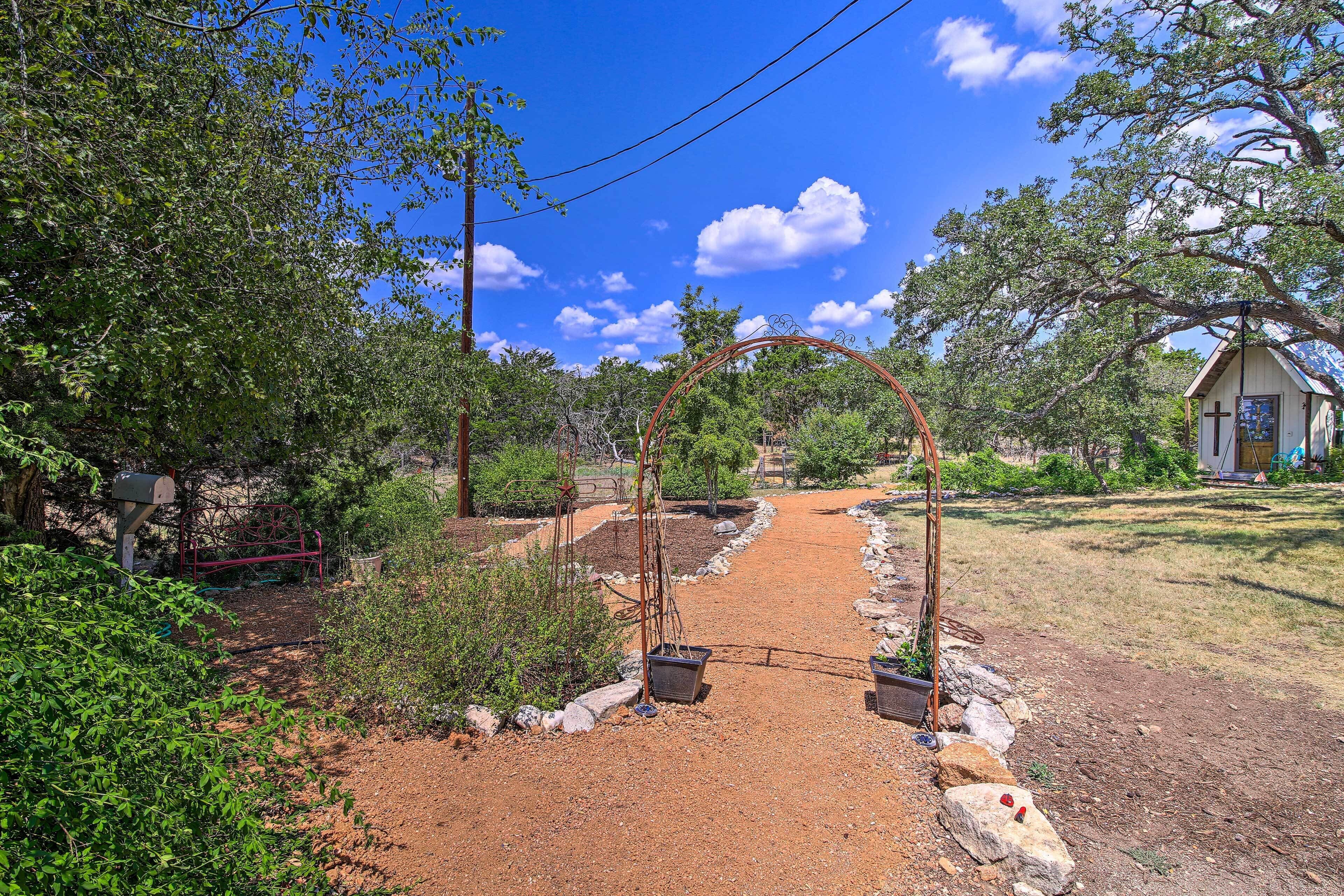 A dirt path leading to a small chapel surrounded by trees and greenery.