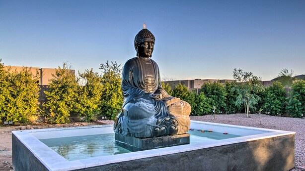 Una gran estatua de Buda sentada en una piscina rectangular, rodeada de follaje y un cielo despejado.