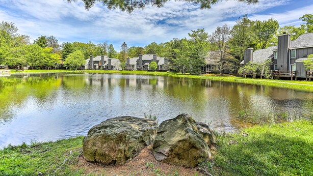 A serene lakeside property with modern buildings, a clear sky, and lush greenery.