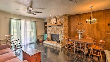 Fireplace, books
