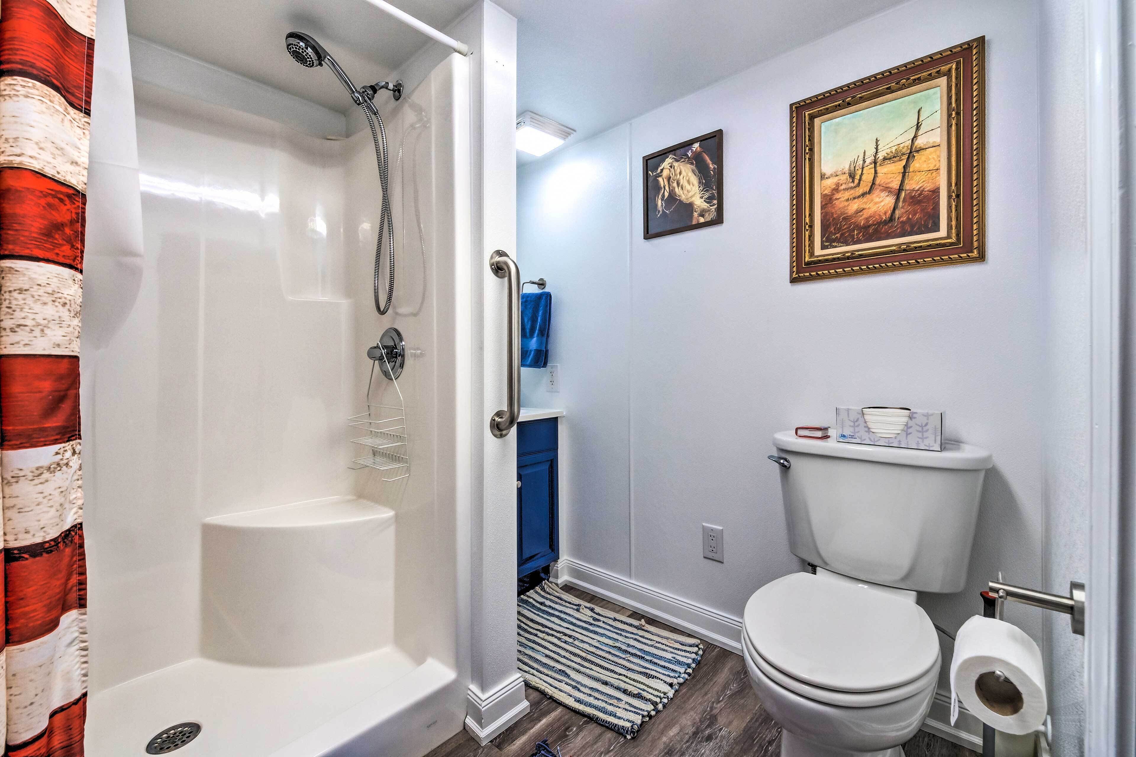 A bathroom with a shower, toilet, and a framed picture on the wall.