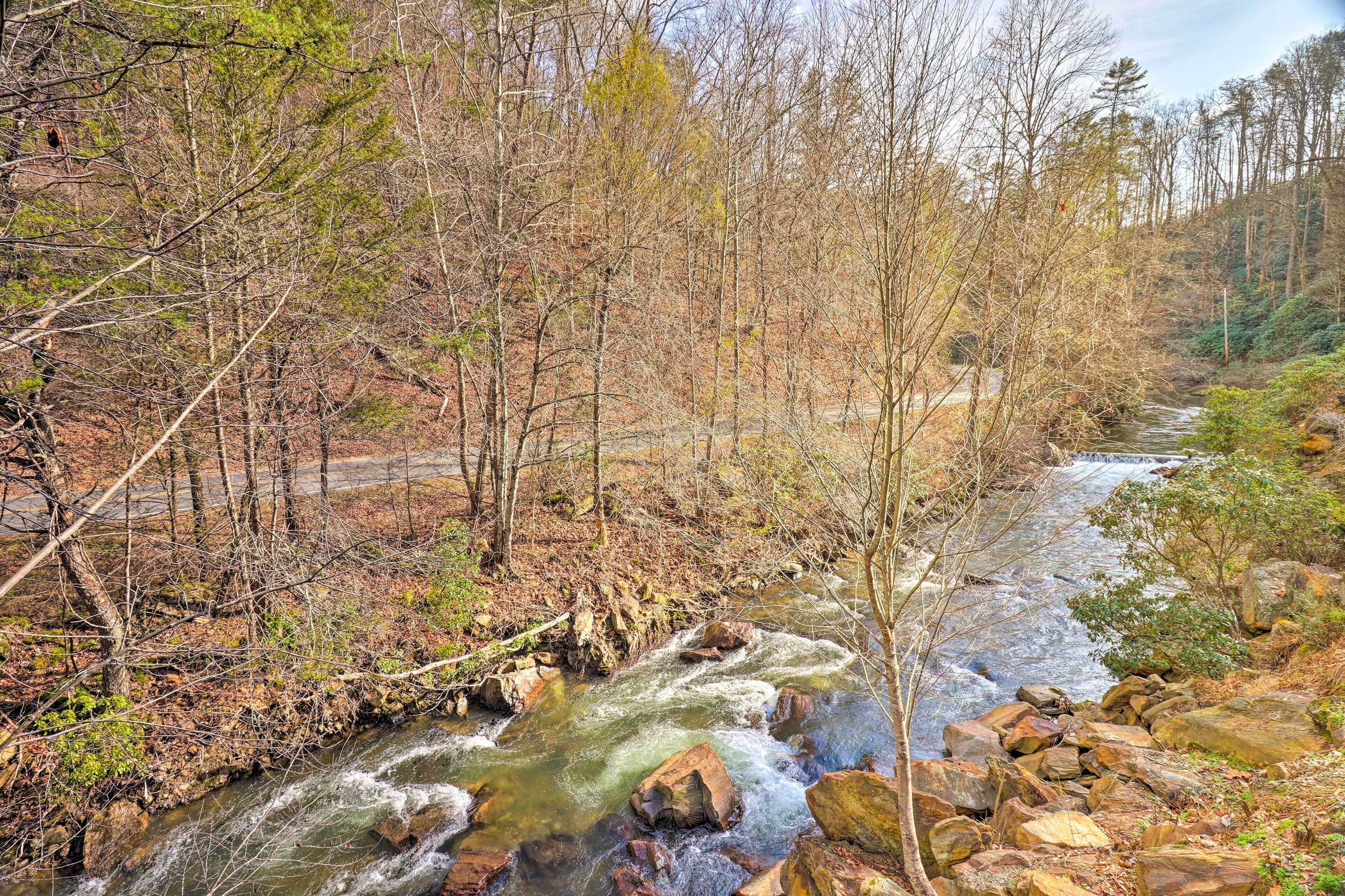 A river flowing through a forested area with rocky terrain and trees.