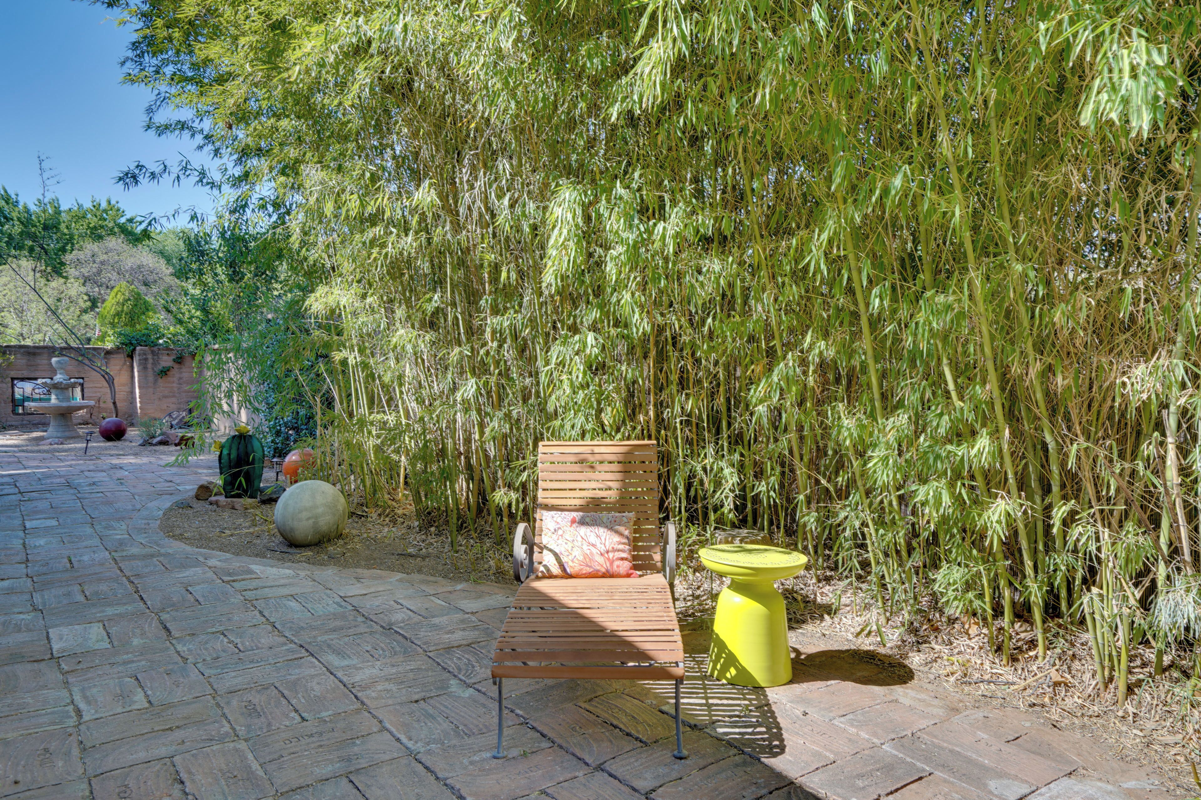 Un jardin avec un banc en bois, une table jaune et un grand pot de fleurs.