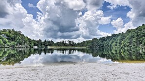 Rauhallinen maisema järven rannalla, jossa on hiekkaranta, tiheä metsä ja kirkas taivas.