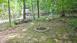 Ein bewaldetes Gebiet mit einer steinernen Feuerstelle, umgeben von Moos und herabgefallenen Blättern.