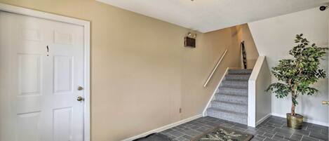 A hallway with a white door, a staircase, a potted plant, and a patterned rug.