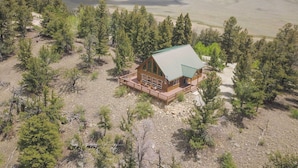 A cabin with a green roof, surrounded by trees, in a mountainous area. - Quiet Fairplay Cabin w/ Rocky Mountain Views! (Fairplay)