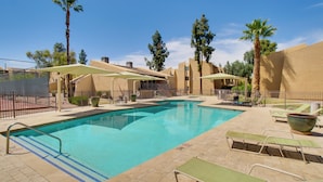 A swimming pool with lounge chairs and umbrellas, surrounded by a fence and palm trees. - Scottsdale Loft Near Golf Course & Old Town! (Scottsdale)