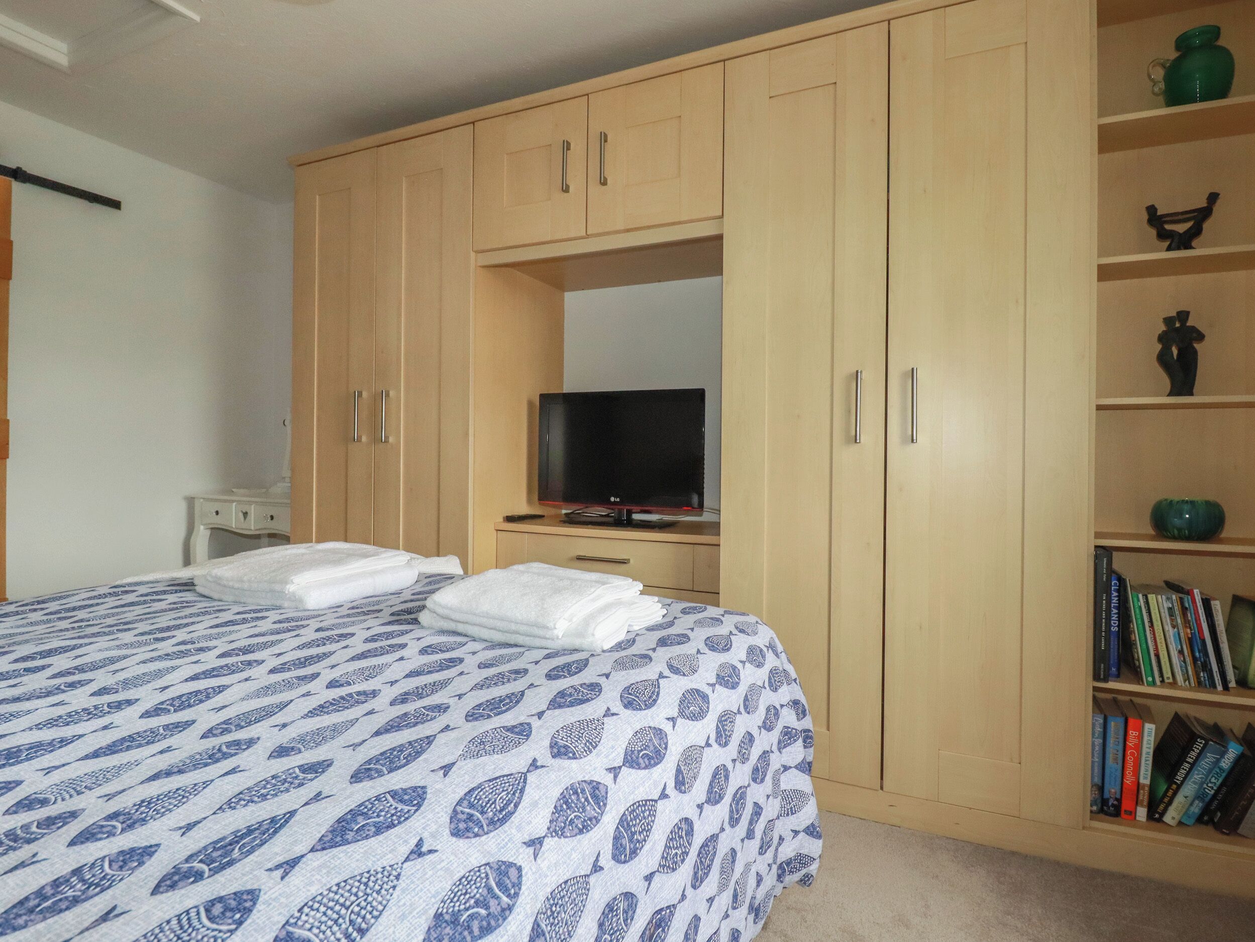 A bedroom with a bed, a TV, and a bookshelf.