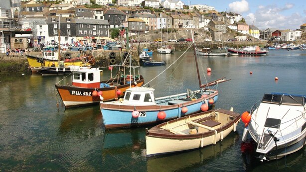 A harbor with various boats docked, surrounded by residential buildings.
