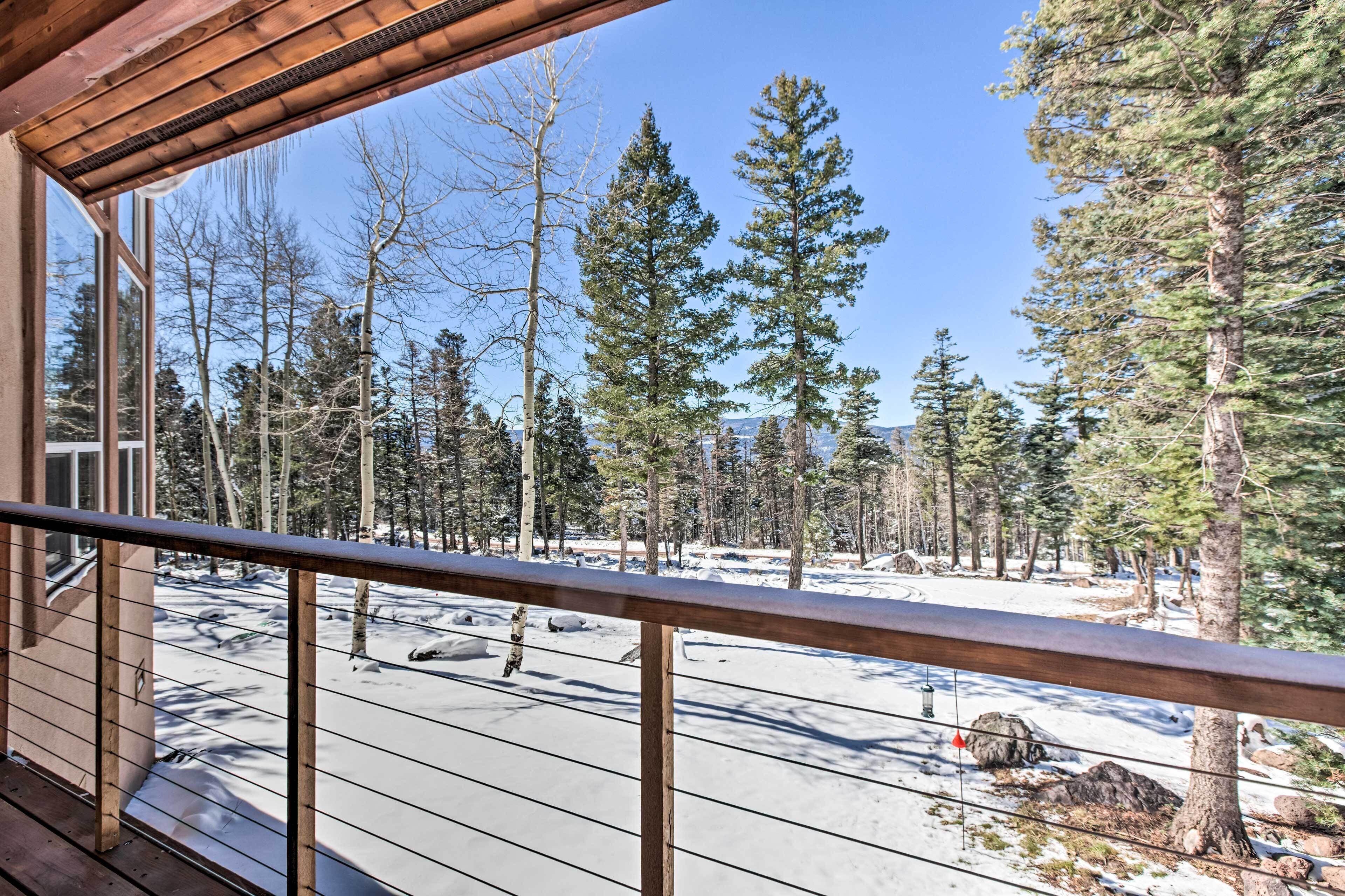Ein hölzerner Balkon mit Blick auf einen verschneiten Wald und einen klaren Himmel.