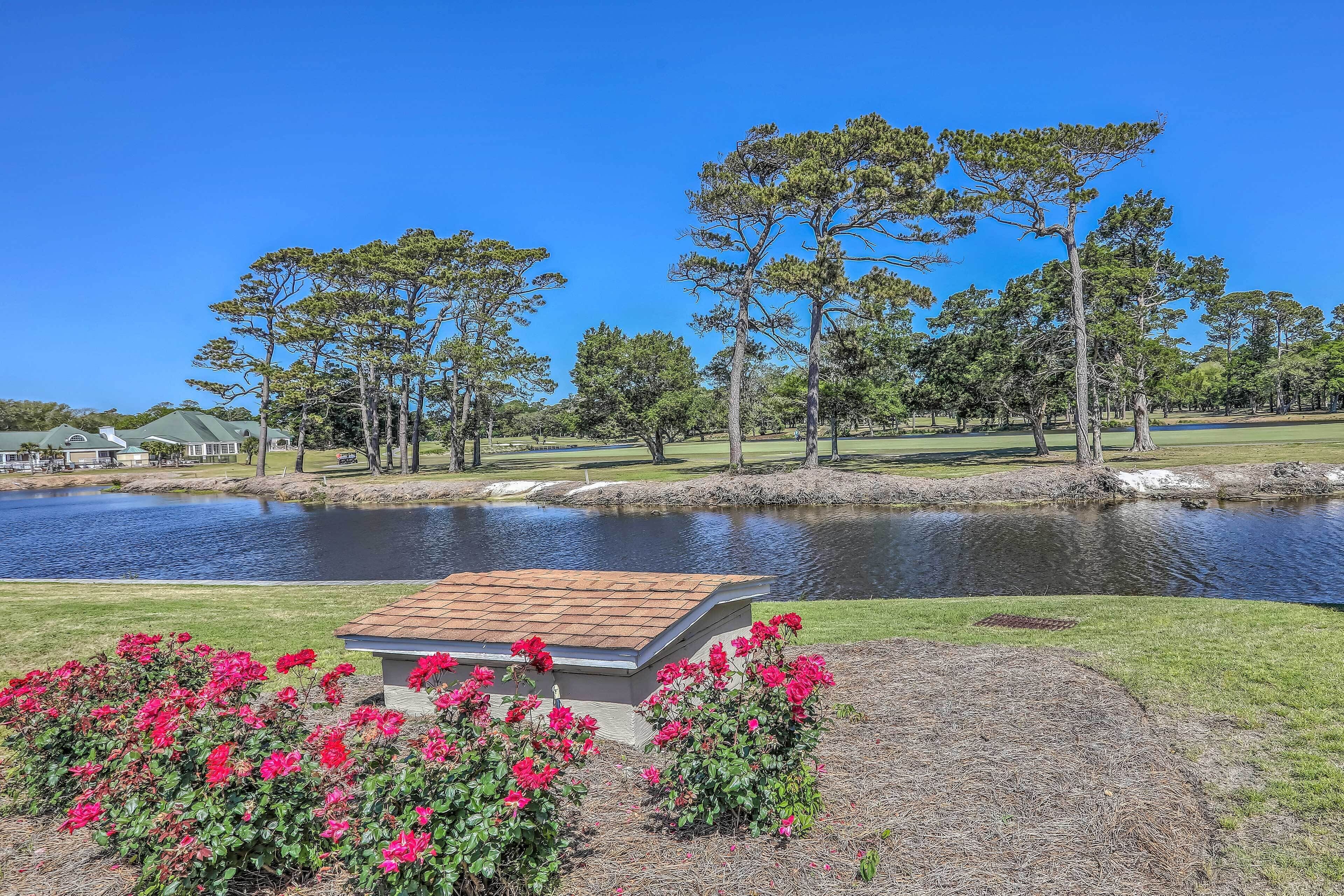 Um cenário tranquilo à beira de um lago, com um coreto, flores vibrantes e um pano de fundo de árvores altas e céu azul límpido.