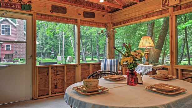 A rustic wooden cabin with large windows, a dining table set with plates and a vase of flowers, and a clock on the wall. - Secluded Birnamwood Cottage w/ Deck & River Views! (Birnamwood)