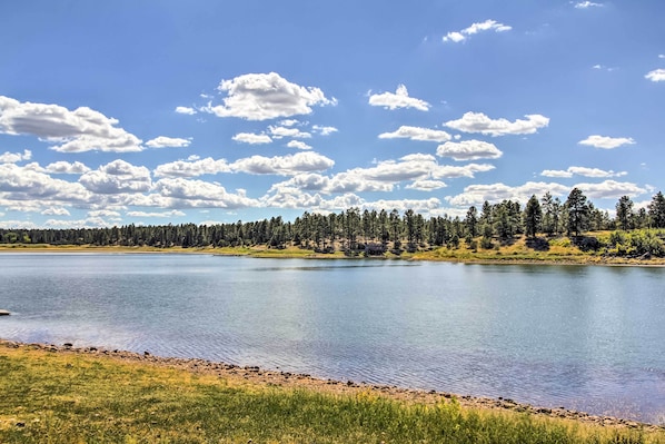Um lago com margens arborizadas e céu claro.