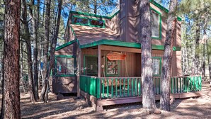 A cabin with a green porch and a sign that reads "Springwater Mountain."