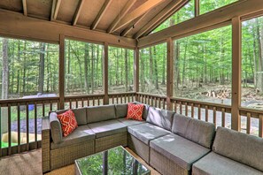 House (5 Bedrooms) | Interior - Sunroom, Fire Pit + Sauna: Lake Locust Village Gem (Pocono Lake)