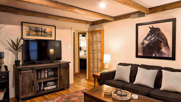 A living room with a television, bookshelves, a sofa, and a coffee table. - Pet-friendly Clovis Home: Yard, Pergola & Hot Tub (Clovis)