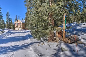 Un paysage enneigé avec un chalet en bois et un sentier.