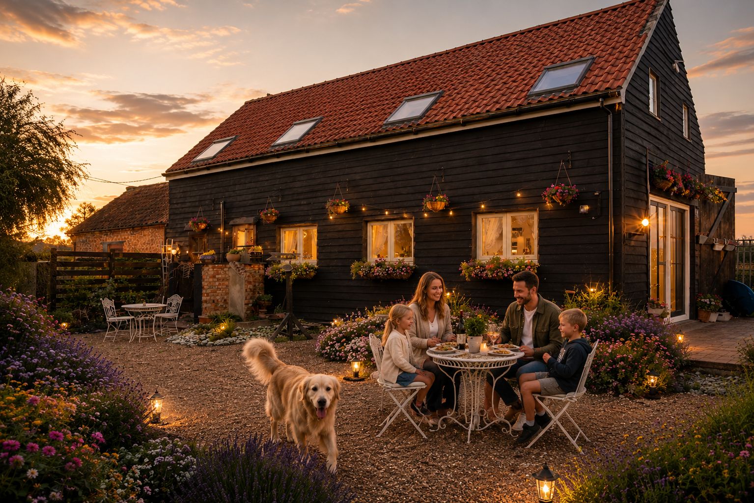 Een houten huis met een rode pannendak, een terras met zitplaatsen buiten, en een tuin met bloemen en een hond.