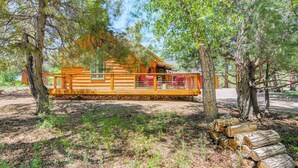 A wooden cabin with a deck, surrounded by trees. - Family-friendly House: Fish, Hike, Bike & More! (South Fork)