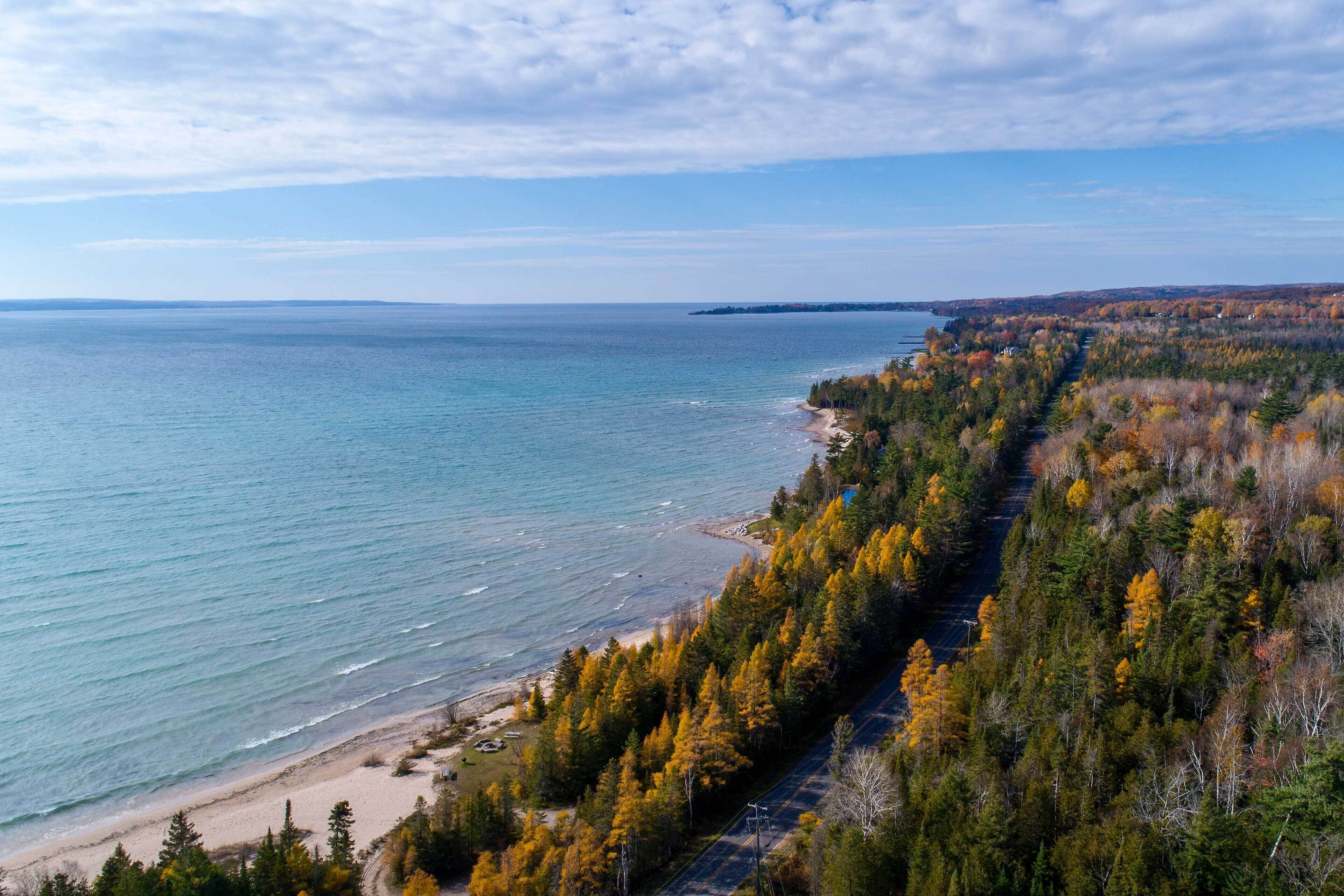 A coastal landscape with a beach, dense forest, and a clear view of the sea.