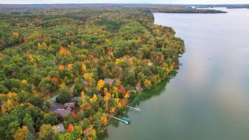 An aerial view of a lakeside property with dense forest, a dock, and several buildings.