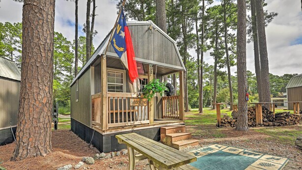 A small cabin with a porch, a flag, and a picnic table in a wooded area. - 'the Gosling' Studio Cabin w/ River Access! (New Bern)