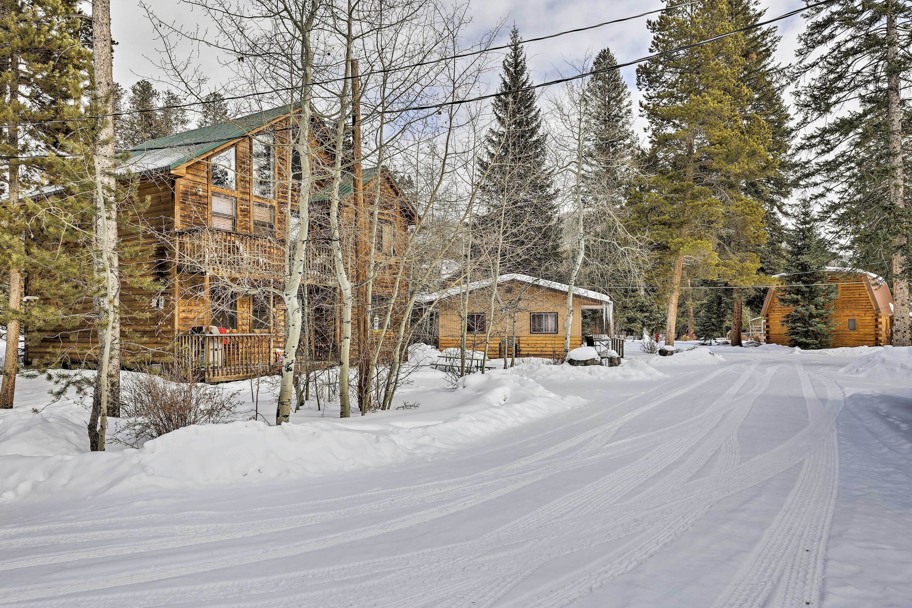 A snow-covered wooden cabin with a porch, surrounded by tall pine trees.