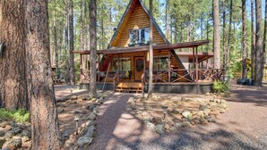 A cabin with a wooden exterior, a porch, and a gravel path leading to the entrance. - The Silly Goose A-frame Cabin in Pinetop-lakeside (Pinetop)