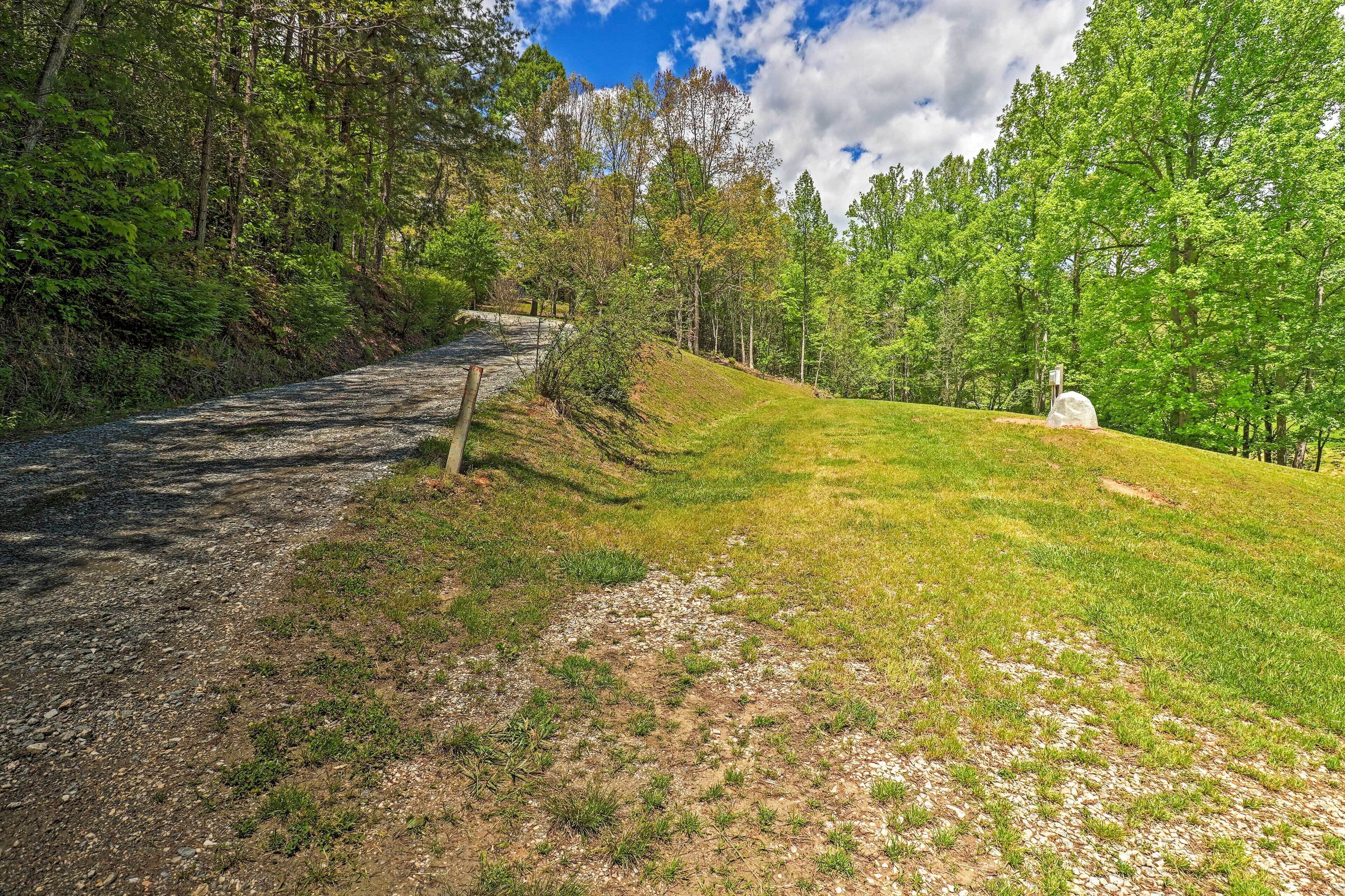 A gravel path leading through a grassy area with trees on both sides.