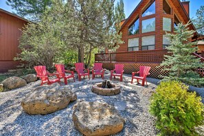 House (2 Bedrooms) | Front of property - Fire Pit & Furnished Deck: Modern Munds Park Cabin (Munds Park)