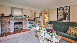 A cozy living room with a stone fireplace, a bookshelf, a green sofa, and a framed picture on the wall. - Colorful Bungalow By Pikes Peak/garden of the Gods (Manitou Springs)