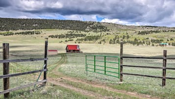 A rural landscape with a wooden fence, a red building, and a green gate.
