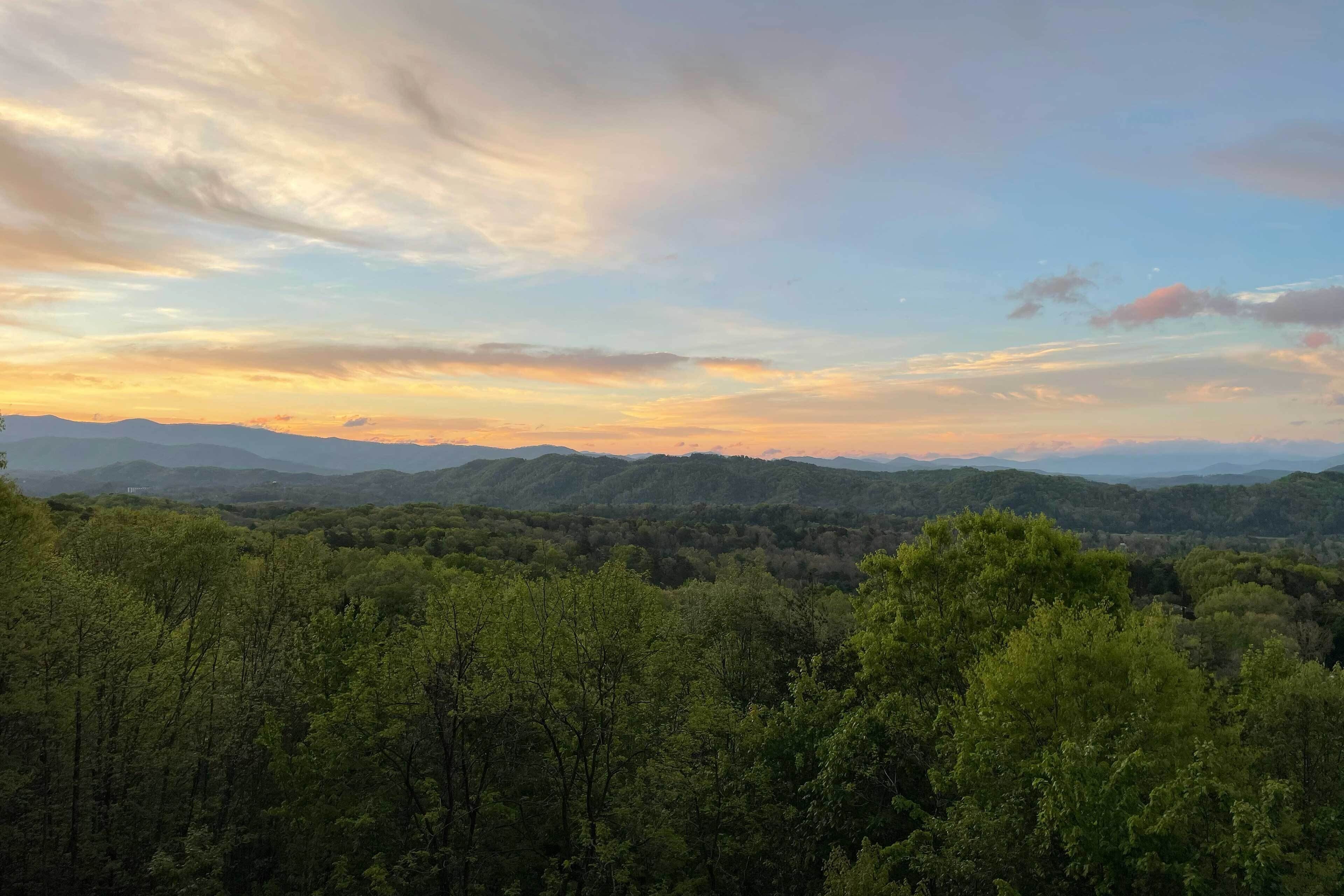 Un paysage boisé offrant une vue sur des montagnes lointaines et un ciel dégagé.
