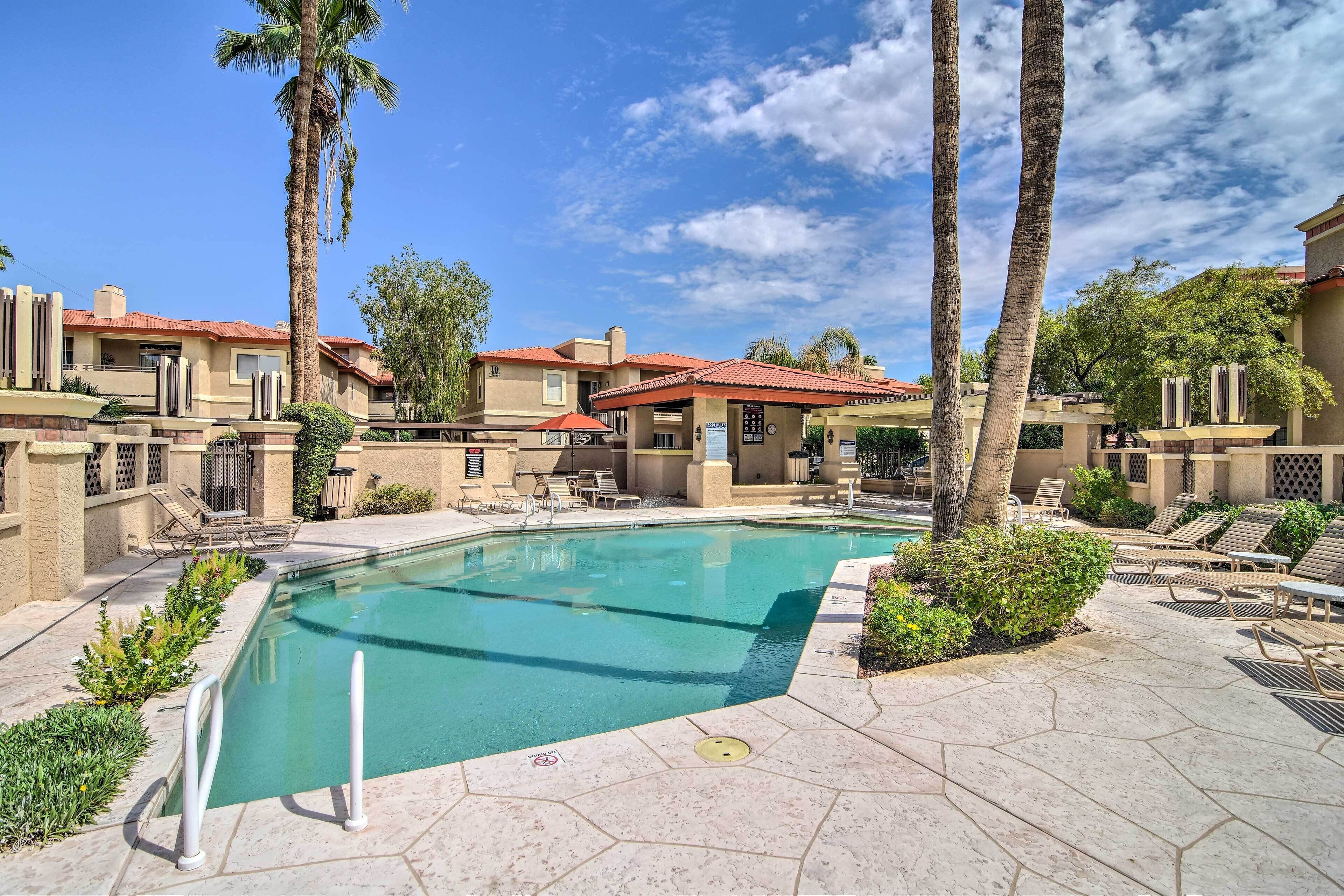 A swimming pool with lounge chairs, palm trees, and a clear blue sky.