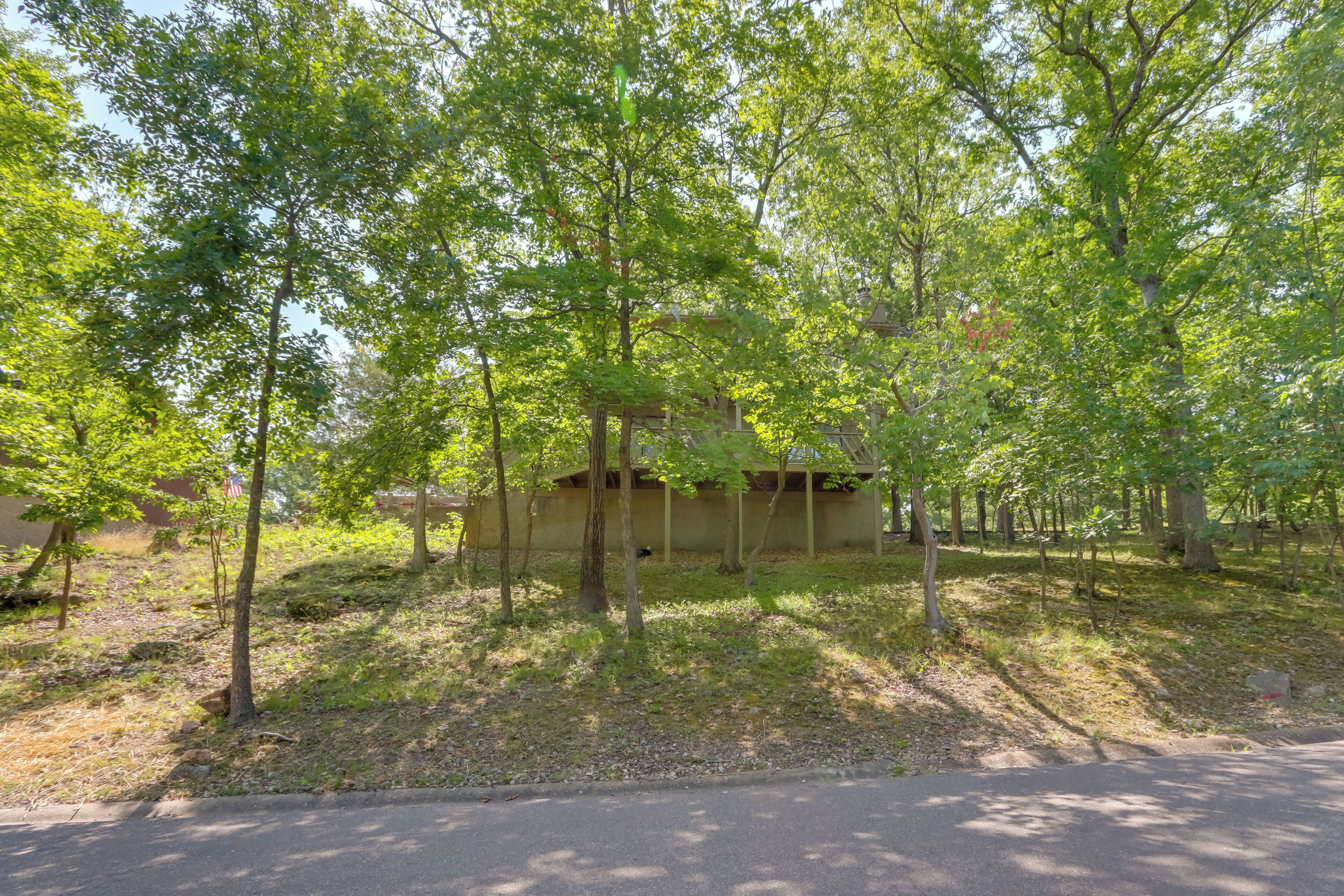 A wooded area with a building surrounded by trees.