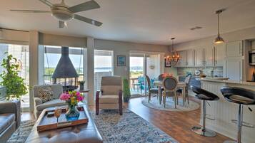 TV, fireplace, DVD player, books
